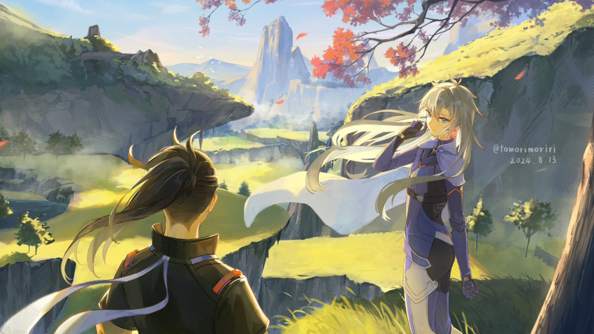 1boy, 1girl, a_(xenoblade), armored_bodysuit, black_hair, black_jacket, blue_eyes, dated