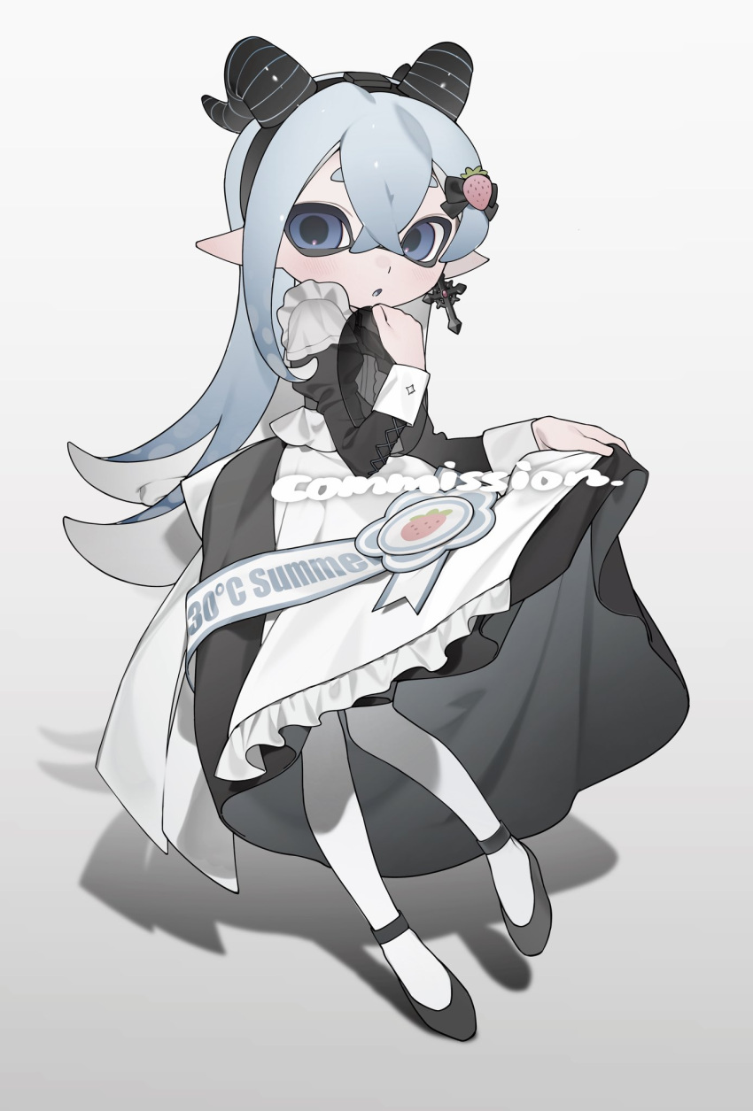 1girl, :o, apron, asymmetrical_sidelocks, award_ribbon, black_bow, black_dress, black_footwear