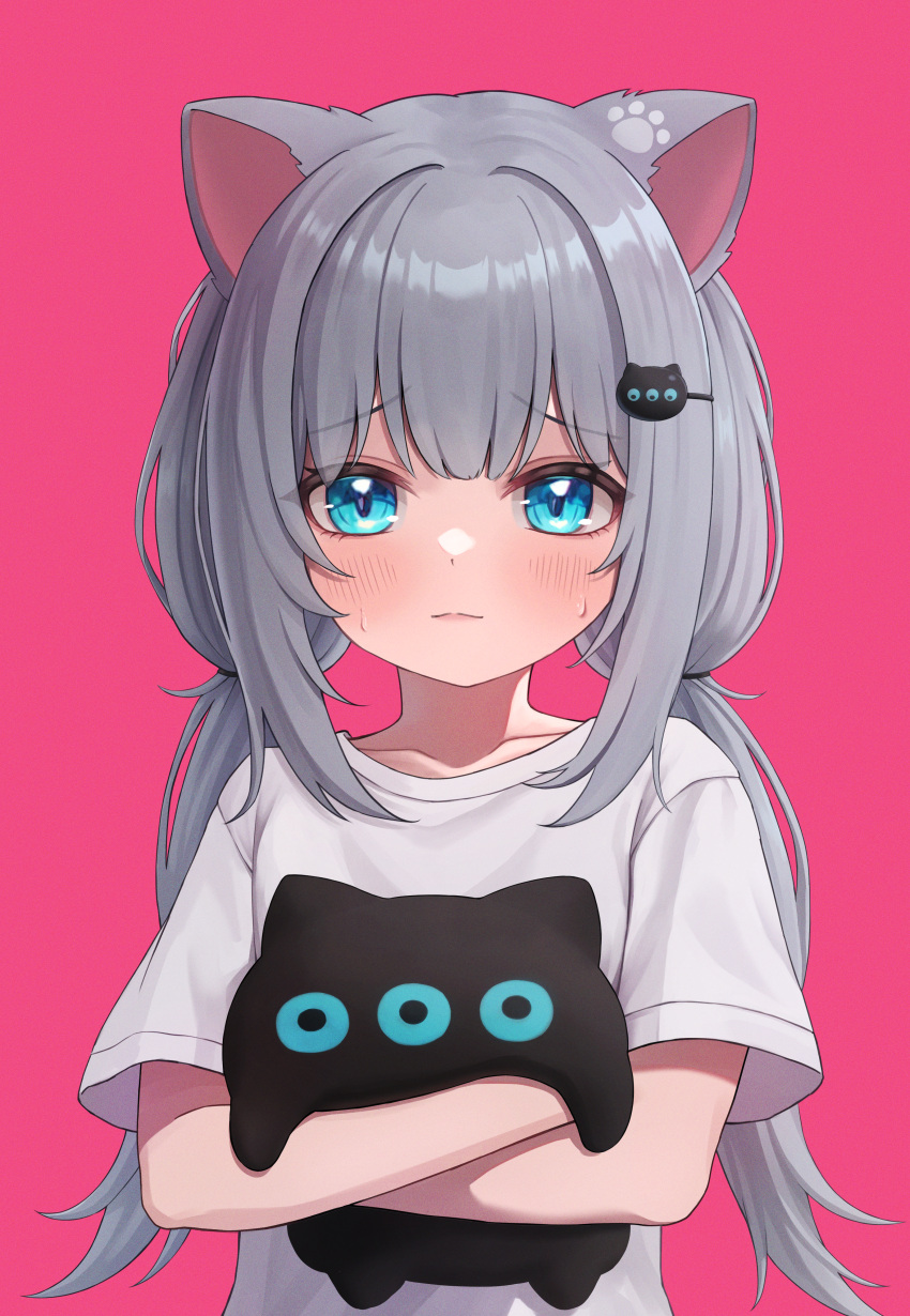 1girl, absurdres, animal_ears, aqua_eyes, closed_mouth, furrowed_brow, grey_hair, hair_ornament