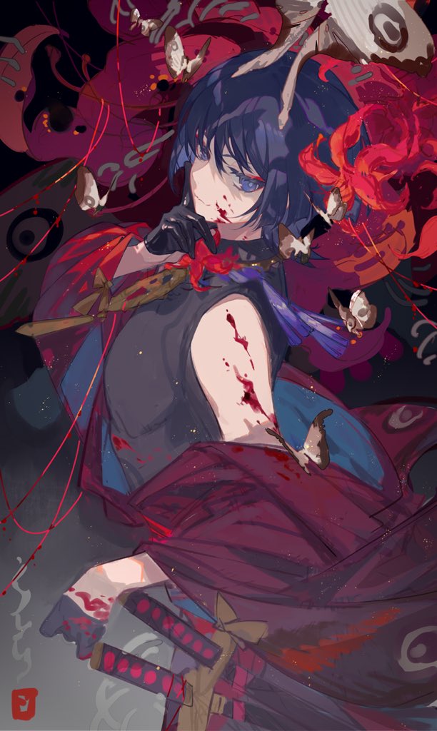 1boy, black_gloves, black_hair, blood, blood_on_face, blood_on_shoulder, blunt_ends, bug