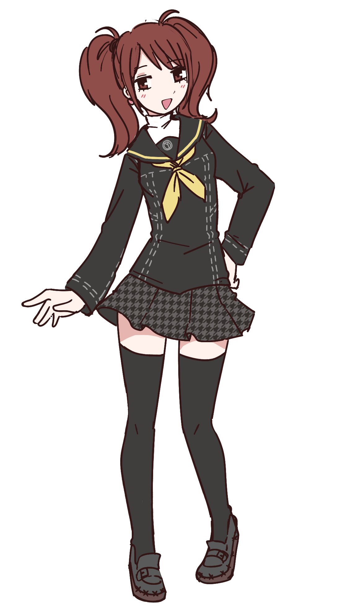 1girl, black_sailor_collar, black_skirt, black_thighhighs, blush, brown_eyes, brown_hair, chestnut_mouth, earrings, hand_on_own_hip, highres, houndstooth, jewelry, karasuda_hidemi, kujikawa_rise, looking_at_viewer, neckerchief, open_mouth, penny_loafers, persona, persona_4, pleated_skirt, sailor_collar, school_uniform, shirt, skirt, smile, solo, sphere_earrings, thigh-highs, turtleneck, turtleneck_shirt, twintails, white_undershirt, yasogami_school_uniform, yellow_neckerchief, zettai_ryouiki