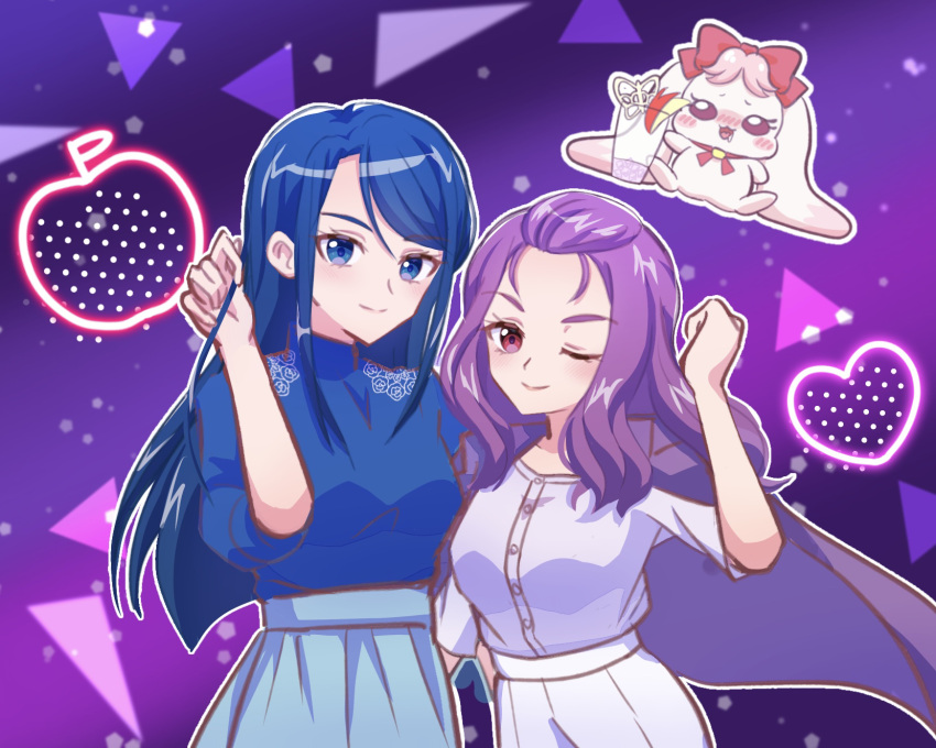 3girls, ;), alternate_costume, amagan_ruruboshi, blue_eyes, blue_hair, closed_mouth, cowboy_shot