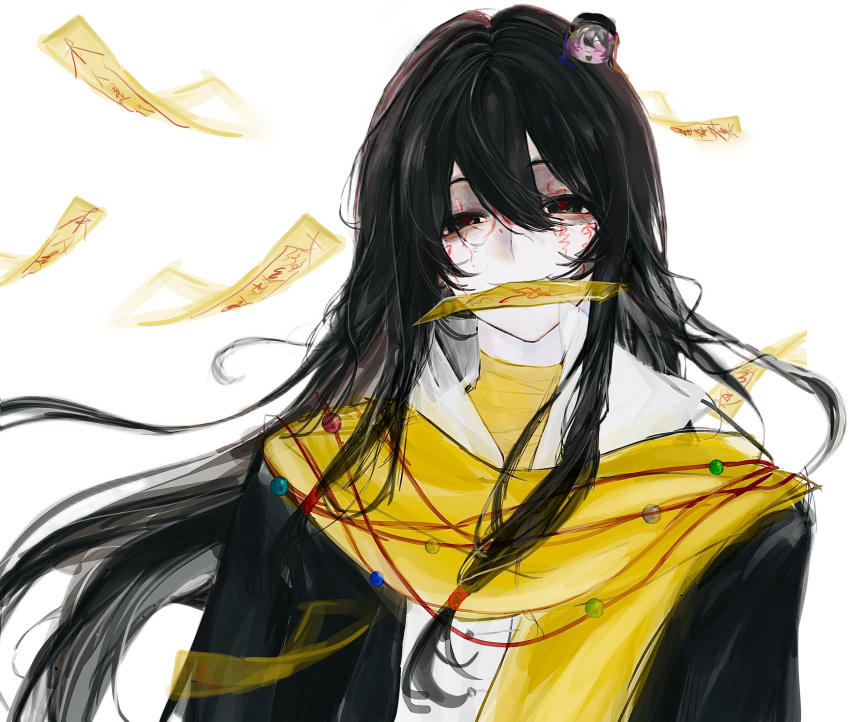 1boy, absurdres, black_hair, black_jacket, blowing_horn, character_hair_ornament, chinese_commentary, closed_mouth, commentary_request, facial_tattoo, hair_between_eyes, hair_ornament, highres, huai_yunqing, jacket, long_hair, looking_at_viewer, male_focus, mouth_hold, ofuda, open_clothes, open_jacket, scarf, shirt, smile, solo, tattoo, tianguoliuxuesheng, touqi_guaitan, upper_body, white_background, white_shirt, yellow_scarf, ziche_fuzhao