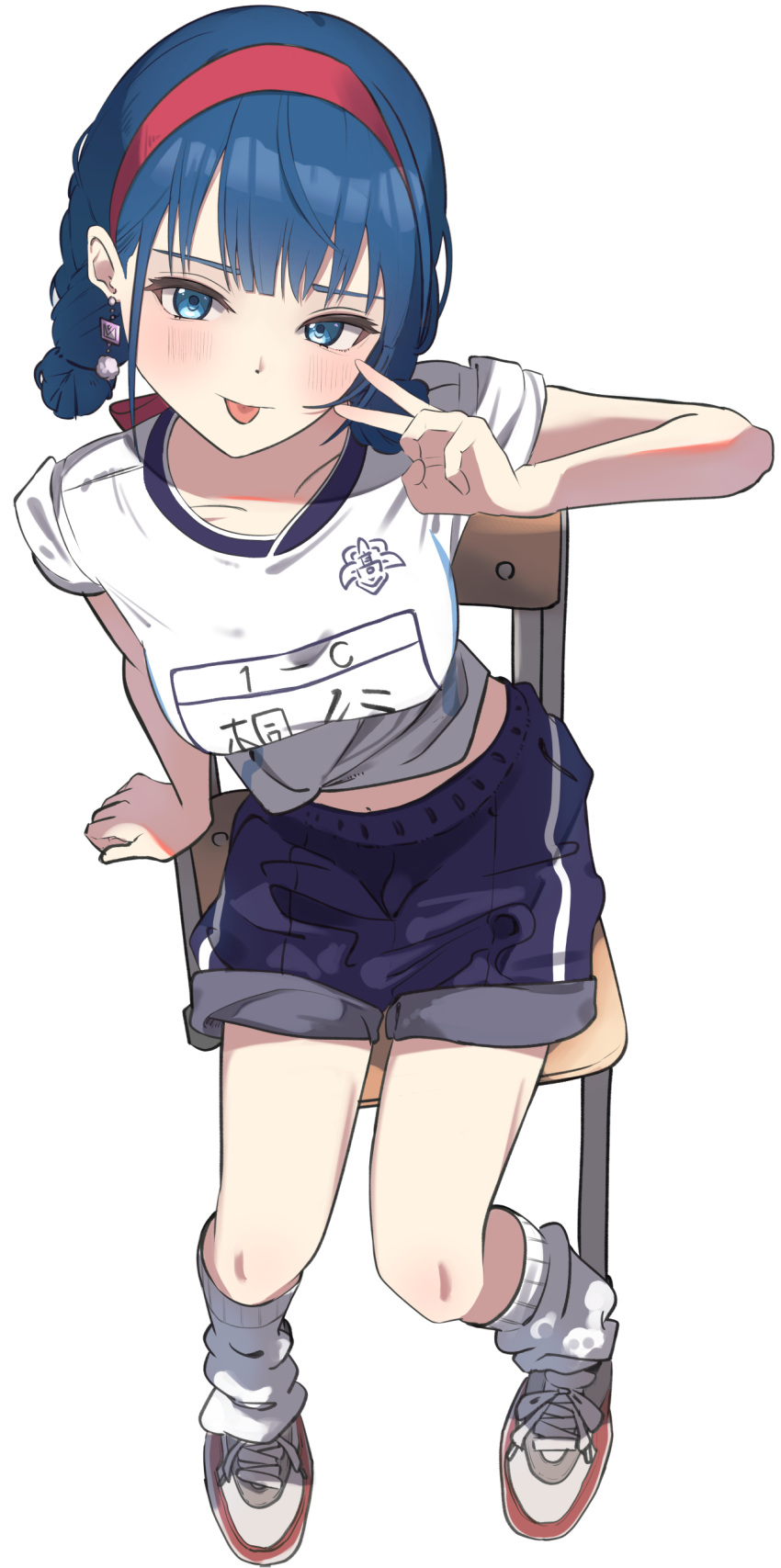 1girl, :p, absurdres, blue_eyes, blue_hair, character_name, earrings, facing_up