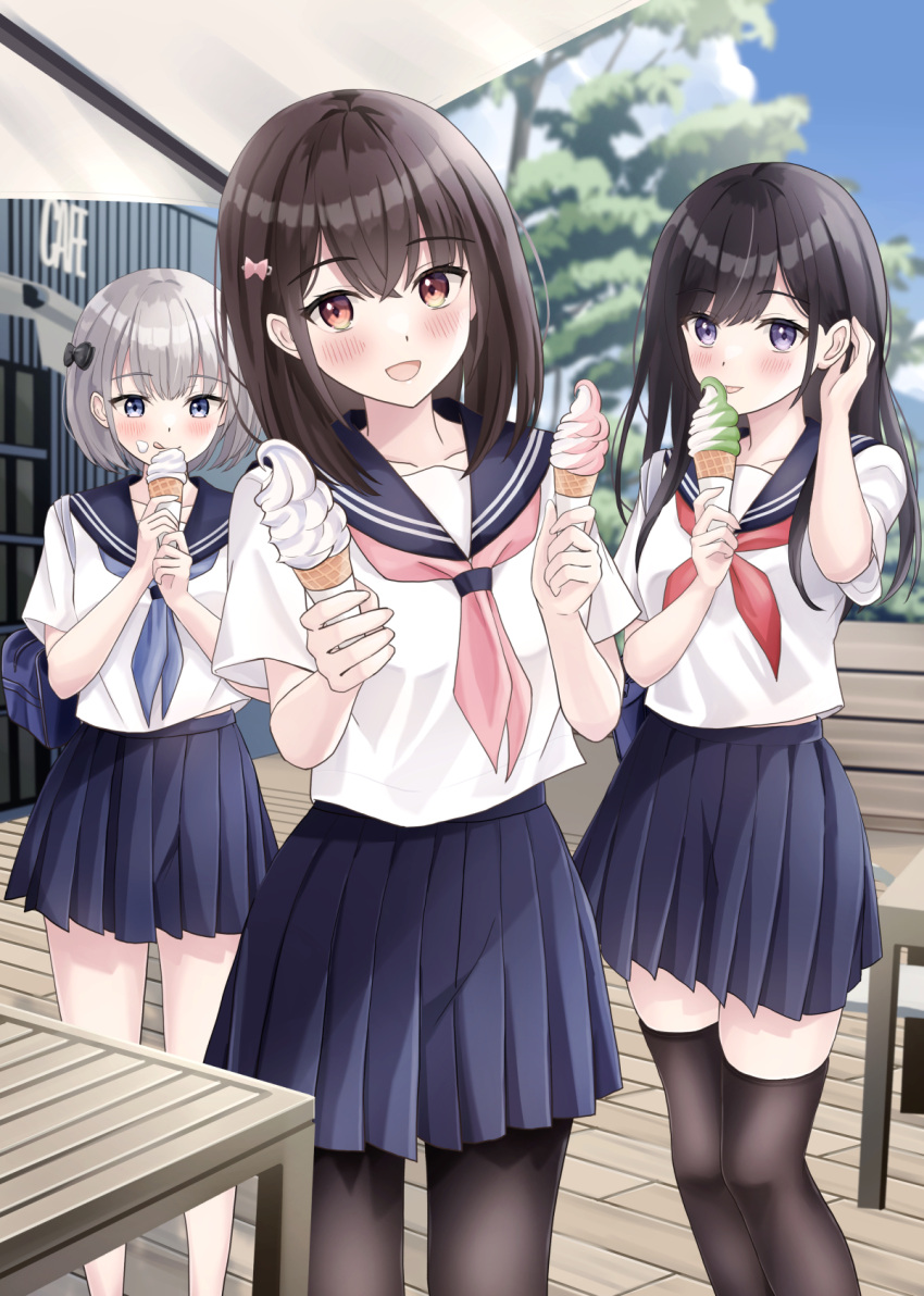 3girls, :d, bag, black_bow, black_hair, black_pantyhose, black_thighhighs, blue_eyes