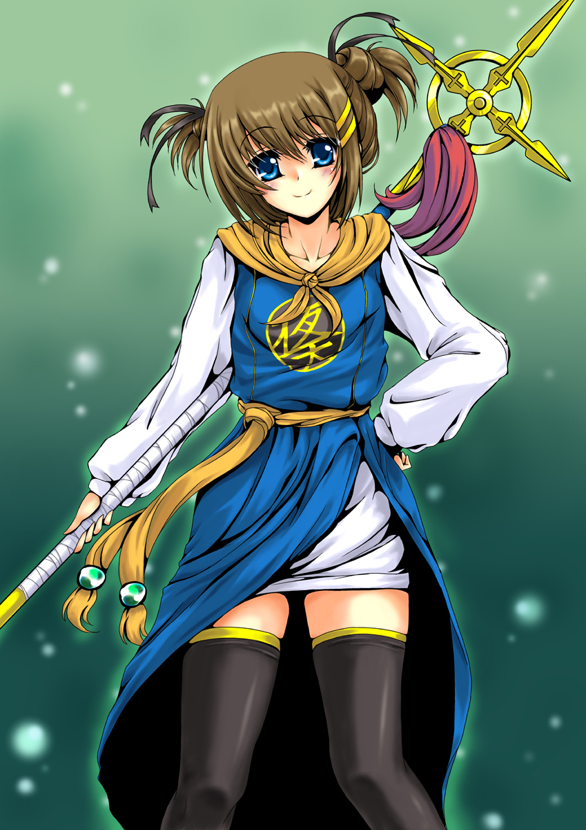 brown_hair, colored, cosplay, cross, dasuto, dragon_quest, dragon_quest_iii, fighter_(dq3), fighter_(dq3)_(cosplay), fighter_(dq3)_cosplay, frapowa, hair_ribbon, highres, lyrical_nanoha, mahou_shoujo_lyrical_nanoha, mahou_shoujo_lyrical_nanoha_strikers, ribbon, schwertkreuz, short_hair, short_twintails, smile, staff, thigh-highs, thighhighs, twintails, yagami_hayate, zettai_ryouiki