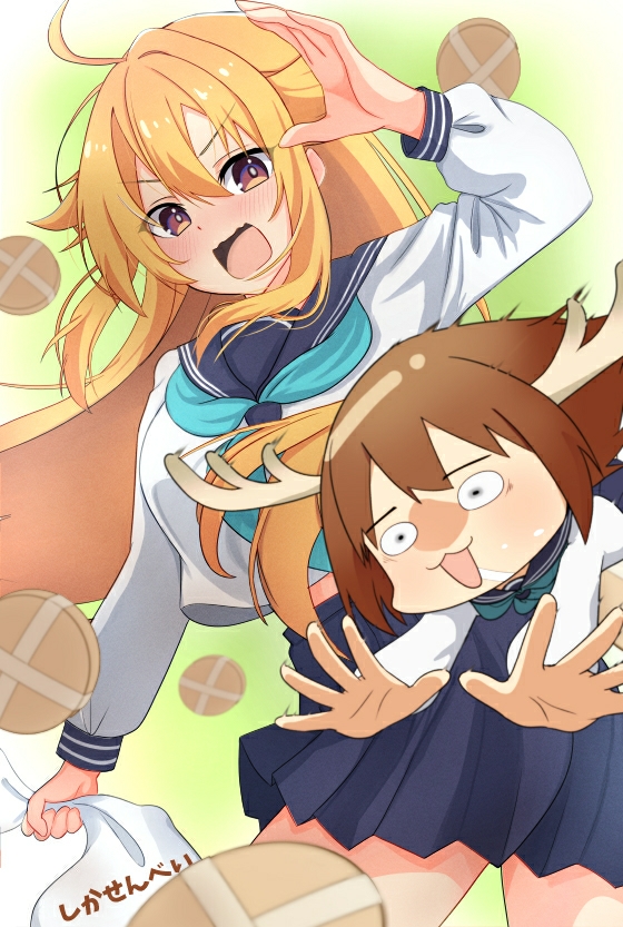 2girls, :3, :d, ahoge, aqua_neckerchief, aqua_serafuku, bag, blonde_hair
