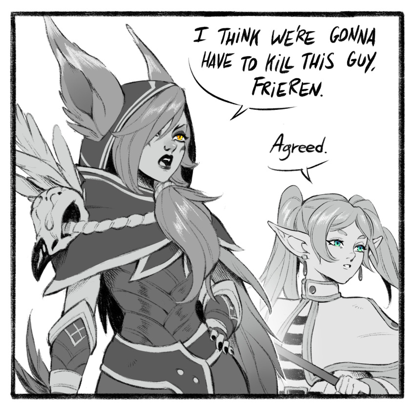 2girls, animal_ears, capelet, earrings, elf, english_text, facial_mark, frieren, green_(greeniris), green_eyes, hair_over_one_eye, highres, hood, i_think_we're_gonna_have_to_kill_this_guy_steven_(meme), jewelry, league_of_legends, long_hair, long_sleeves, meme, monochrome, multiple_girls, pointy_ears, simple_background, sousou_no_frieren, spot_color, teeth, twintails, white_background, xayah, yellow_eyes