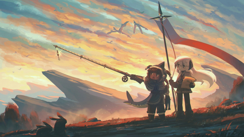 2girls, absurdres, animal, banner, black_eyes, capelet, colored_skin, dragon, fantasy, fins, fish_tail, fishing_rod, highres, holding, holding_polearm, holding_weapon, horns, long_hair, mountainous_horizon, multiple_girls, original, polearm, porforever, rabbit, red_eyes, redhead, shark_girl, shark_tail, spear, standing, sunset, sunset_(porforever), tail, very_long_hair, weapon, white_hair, white_skin, wyvern