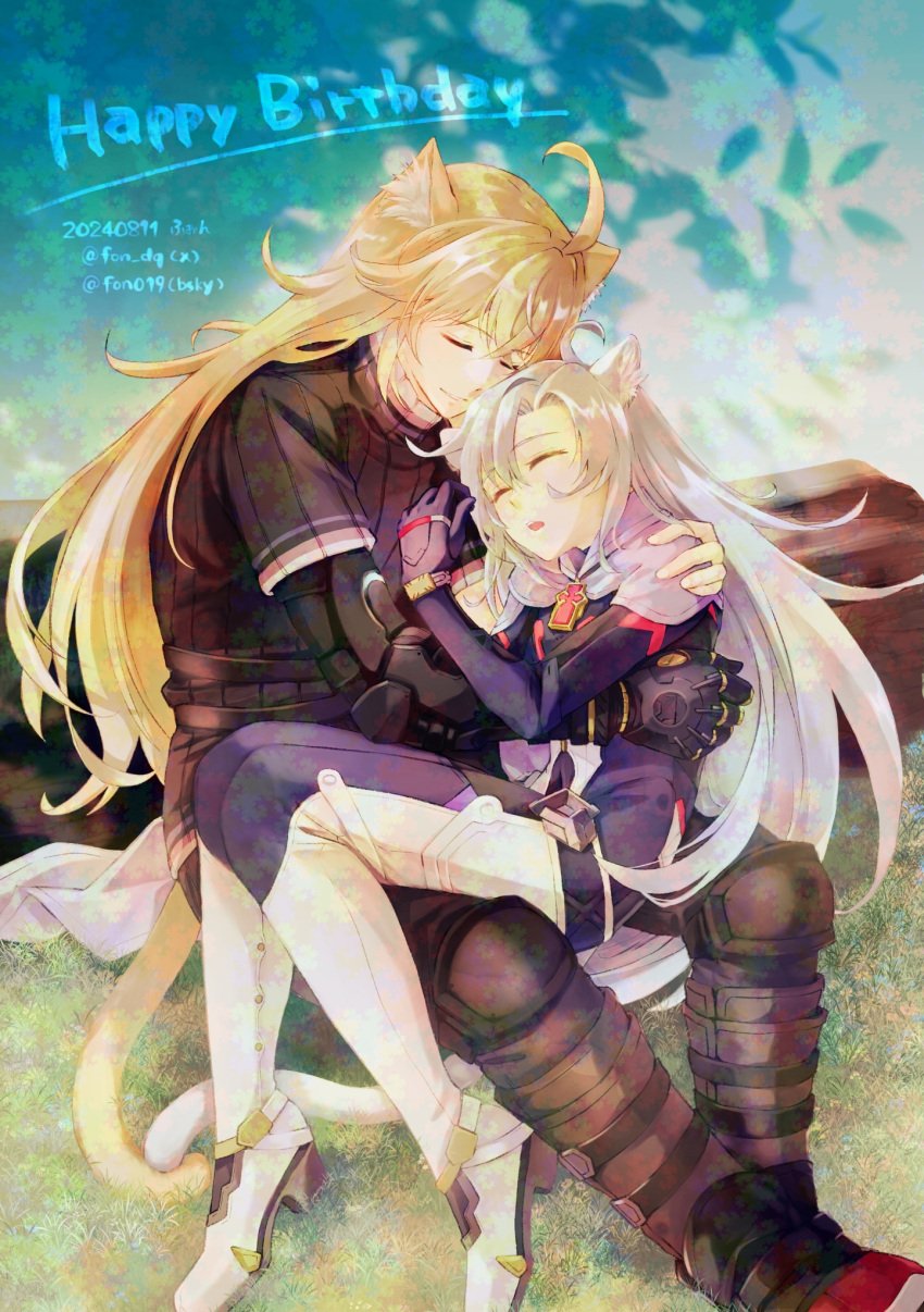 1boy, 1girl, a_(xenoblade), armored_bodysuit, blonde_hair, closed_eyes, fon_(fon_dq), grey_hair, highres, kemonomimi_mode, long_hair, on_grass, shulk_(xenoblade), sleeping, smile, xenoblade_chronicles_(series), xenoblade_chronicles_3, xenoblade_chronicles_3:_future_redeemed