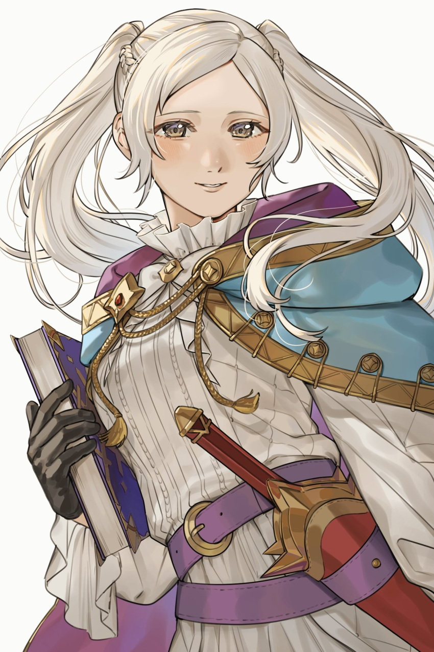 1girl, abinosu0903, belt, black_gloves, blue_cape, book, brown_eyes, cape, commentary_request, fire_emblem, fire_emblem_awakening, fire_emblem_heroes, gloves, gold_trim, grin, highres, holding, holding_book, long_hair, looking_at_viewer, multiple_belts, official_alternate_costume, pink_belt, purple_cape, robin_(female)_(exalt's_right_hand)_(fire_emblem), robin_(female)_(fire_emblem), robin_(fire_emblem), sheath, sheathed, shirt, simple_background, smile, solo, sword, twintails, two-tone_cape, weapon, white_background, white_hair, white_shirt