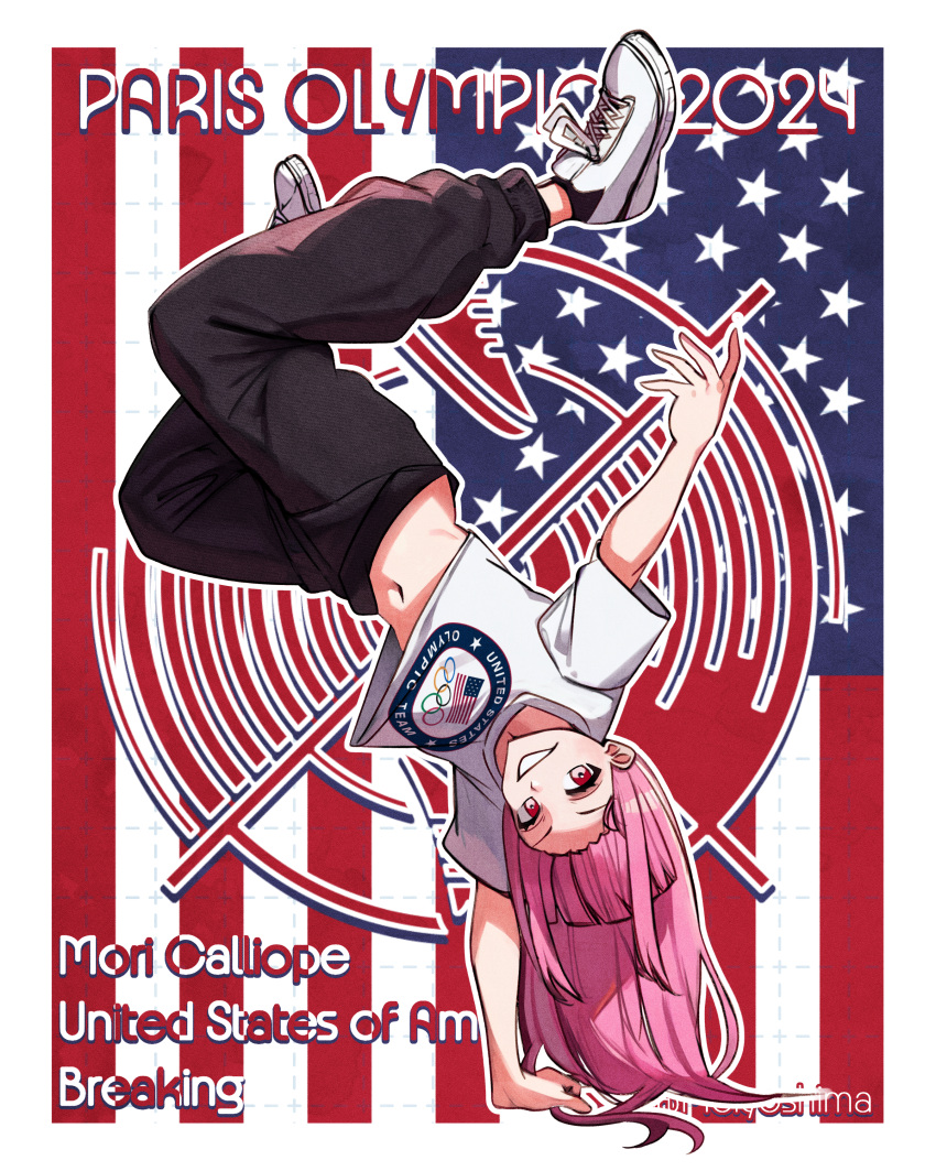 1girl, 2024_summer_olympics, absurdres, american_flag, american_flag_background, black_pants, border, breaking