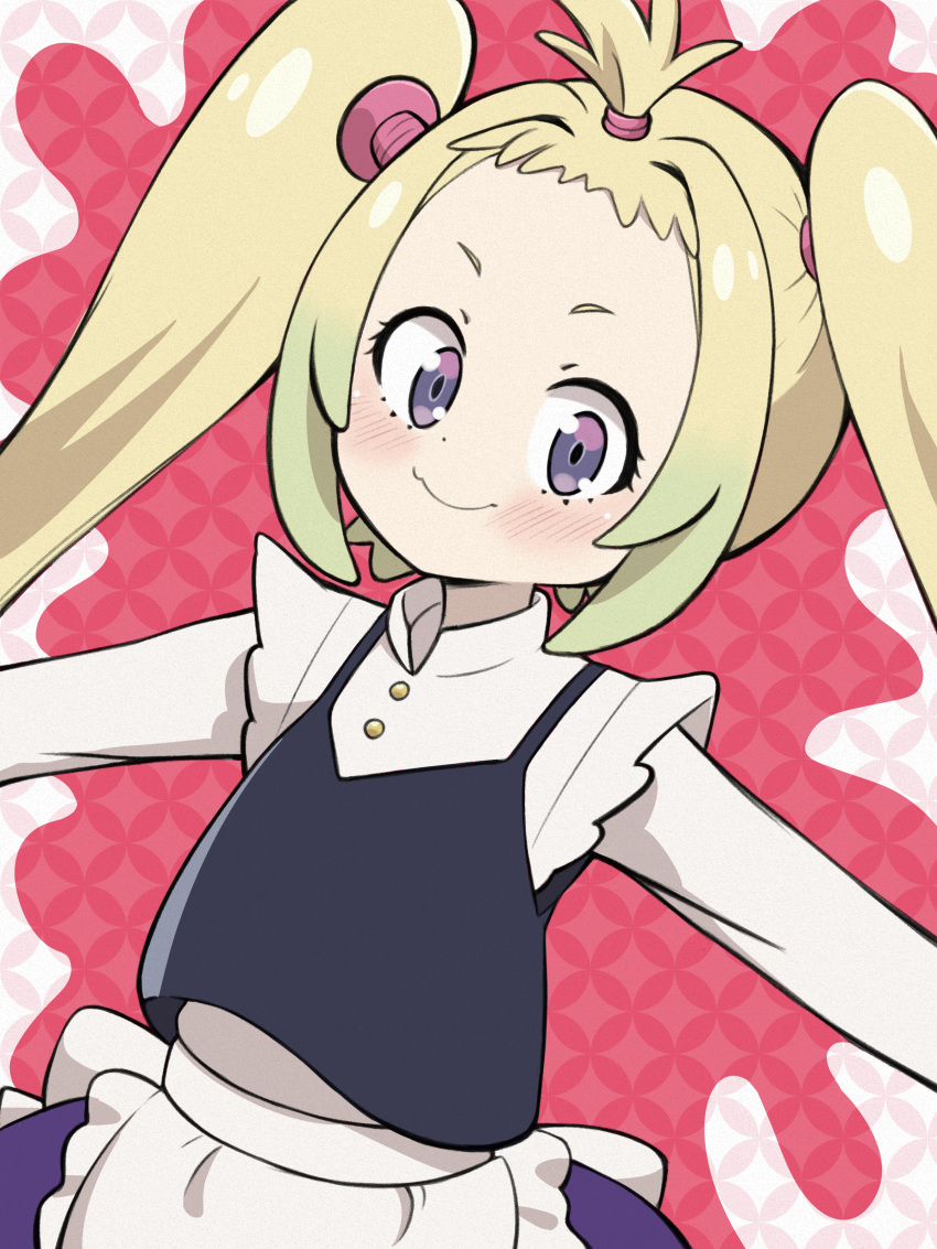 1girl, absurdres, ahoge, apron, black_vest, blonde_hair, blush, hands_out_of_frame