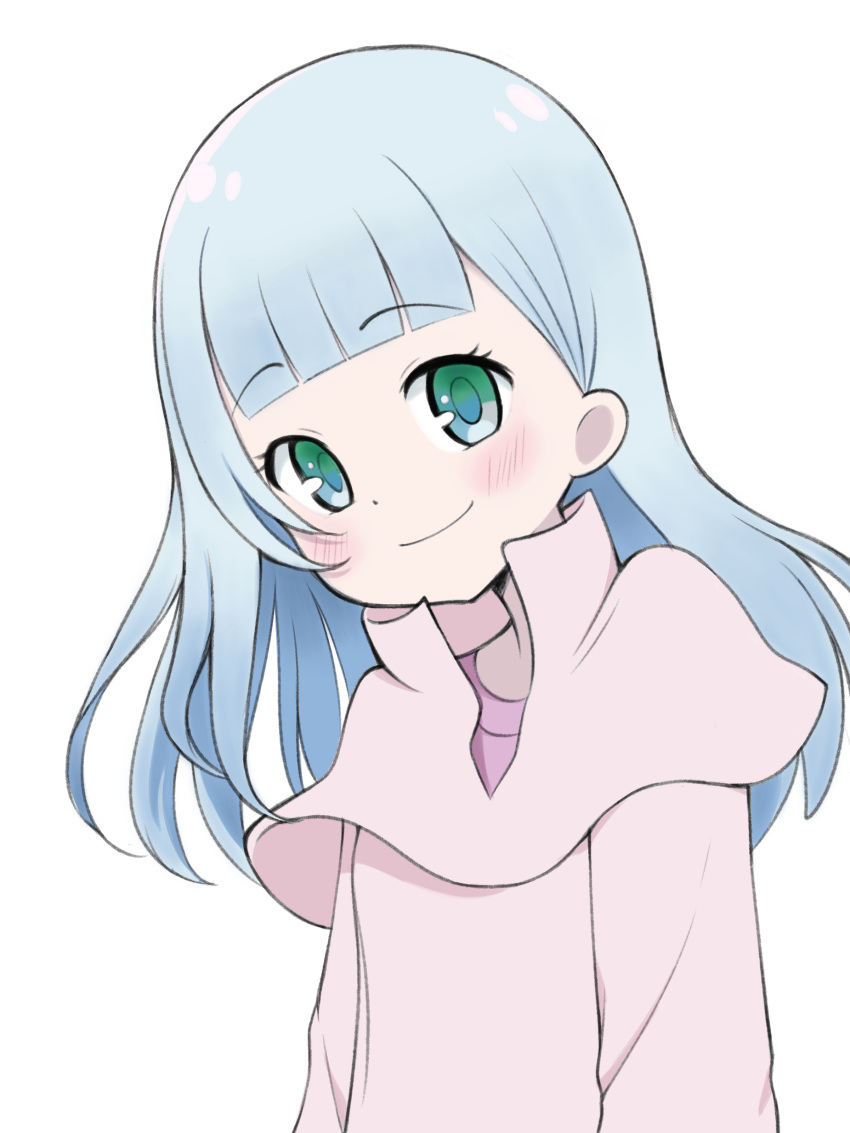 1girl, absurdres, belle_(dungeon_people), blue_hair, blunt_bangs, blush, capelet, dungeon_people