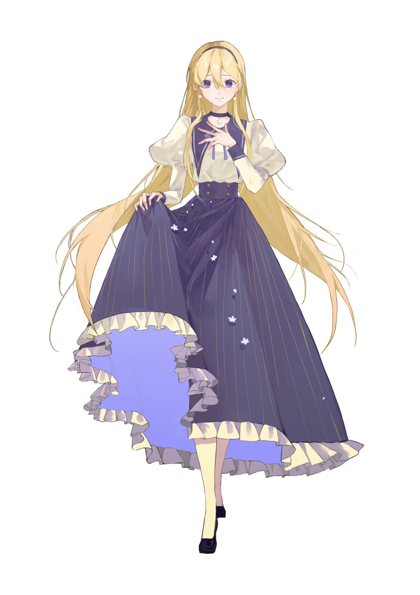 1girl, black_footwear, black_hairband, blonde_hair, choker, closed_mouth, earrings, flower_earrings, frilled_skirt, frills, full_body, hair_between_eyes, hairband, hand_on_own_chest, high-waist_skirt, high_heels, highres, inairenmi, jewelry, juliet_sleeves, long_hair, long_skirt, long_sleeves, looking_at_viewer, neck_ribbon, original, puffy_sleeves, pumps, purple_ribbon, purple_sailor_collar, purple_skirt, ribbon, sailor_collar, simple_background, skirt, skirt_hold, smile, solo, straight-on, striped_clothes, striped_skirt, violet_eyes, white_background