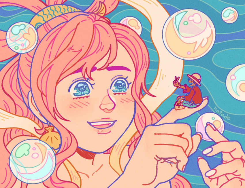 1boy, 1girl, artist_name, blue_eyes, blue_shorts, blush, bubble, earrings, english_commentary, giant, giantess, hagoromo, hair_ornament, hat, highres, jewelry, monkey_d._luffy, natade_art, one_piece, pink_hair, red_shirt, shawl, shell, shell_earrings, shirahoshi, shirt, shorts, sidelocks, sitting, smile, straw_hat, swept_bangs