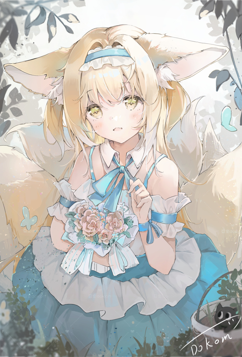 1girl, alternate_costume, animal_ear_fluff, animal_ears, arknights, arm_garter, artist_name, bad_link, bare_shoulders, blue_hairband, blush, bouquet, detached_collar, dokomdokom, dress, fox_ears, fox_girl, fox_tail, frilled_hairband, frills, hairband, highres, holding, holding_bouquet, kitsune, kyuubi, long_hair, looking_at_viewer, making-of_available, multiple_tails, open_mouth, signature, solo, suzuran_(arknights), tail, two_side_up, watermark, yellow_eyes
