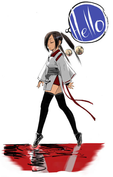 1girl, black_thighhighs, blood, brown_hair, dougi, full_body, hair_ornament, hakama, japanese_clothes, kagura_(tenchuu), kimono, long_hair, long_sleeves, miko, miniskirt, obi, parted_bangs, sash, skirt, solo, standing, takada_(takada-k), takada_hiro, tenchuu, thigh-highs, twintails