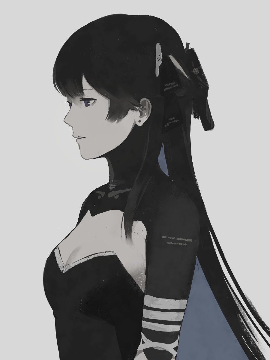 1girl, bandaged_arm, bandages, black_dress, black_hair, bob_cut, dress, ear_piercing, grey_background, headgear, high_collar, highres, kq5ghnx, long_hair, mechanical_arms, parted_lips, piercing, punishing:_gray_raven, selena:_capriccio_(punishing:_gray_raven), selena_(punishing:_gray_raven), solo