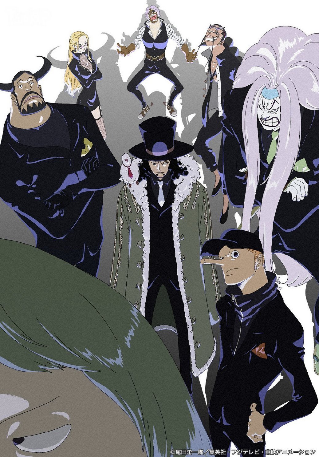 1girl, 6+boys, beard, bird, black_dress, black_hair, black_hat, black_necktie