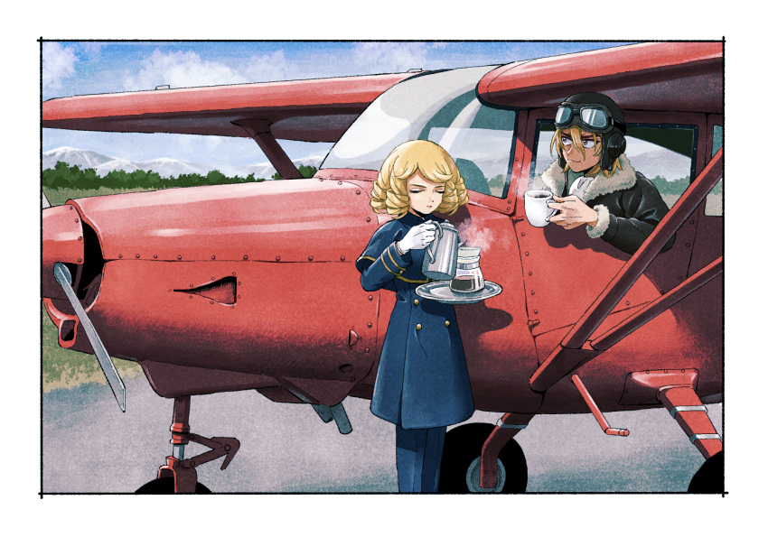 1boy, 1other, aircraft, airplane, androgynous, black_jacket, blonde_hair, blue_coat