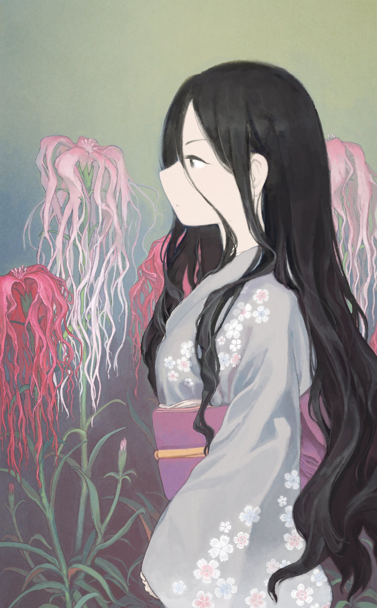 1girl, alternate_hair_color, black_eyes, black_hair, chomahu, closed_mouth, cowboy_shot, floral_print_kimono