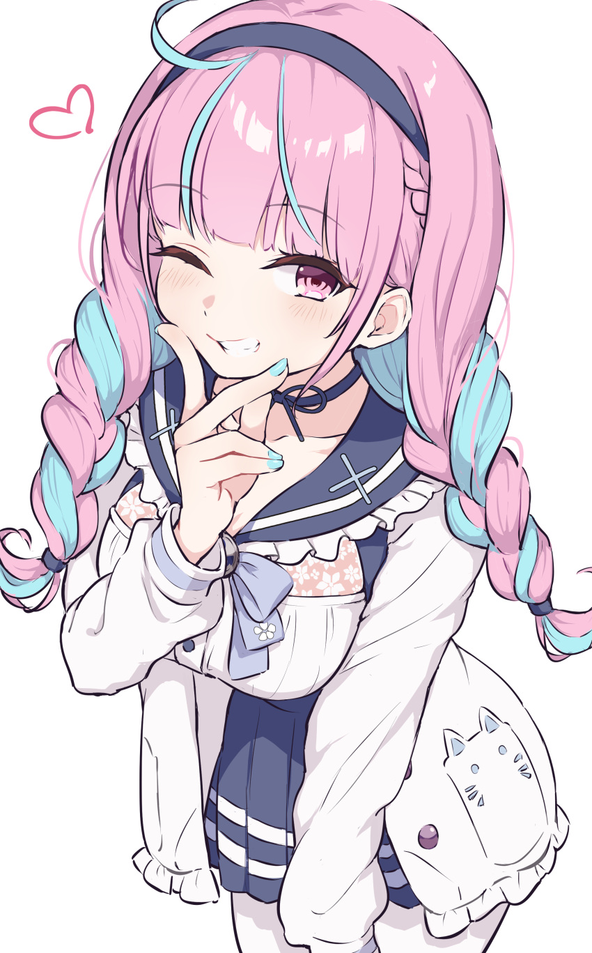 1girl, absurdres, blue_hair, blush, braid, eternaltanbo, hairband, heart