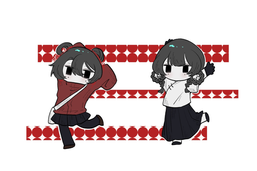 2girls, arms_up, black_eyes, black_footwear, black_gloves, black_hair, black_pantyhose, black_skirt, braided_hair_rings, chibi, chibi_only, chinese_clothes, commentary, earrings, foot_up, gloves, hai_yorokonde, hair_between_eyes, hair_bun, hair_ribbon, high_collar, highres, jacket, jewelry, kellers, li_yuting_(female), liang_yanmei, long_skirt, long_sleeves, miniskirt, mole, mole_under_each_eye, mole_under_eye, multiple_girls, multiple_moles, pantyhose, parody, pleated_skirt, red_jacket, red_ribbon, ribbon, shirt, short_hair, short_sleeves, single_hair_bun, single_hair_ring, skirt, sleeves_past_fingers, sleeves_past_wrists, symbol-only_commentary, touqi_guaitan, white_bag, white_shirt