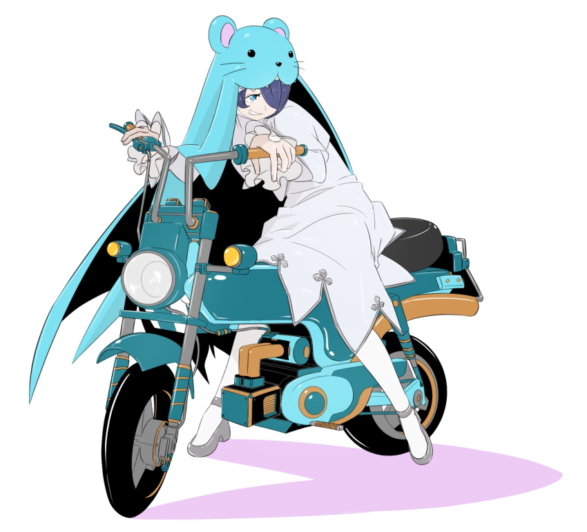 1girl, blue_eyes, blue_hair, digimon, digimon_(creature), dress, full_body, habit