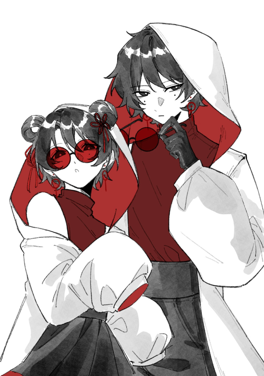 1boy, 1girl, absurdres, black_eyes, black_gloves, black_hair, black_pants, black_skirt, chinese_commentary, closed_mouth, coat, colored_skin, commentary_request, cowboy_shot, dual_persona, earrings, expressionless, gloves, guisi853, hair_between_eyes, hair_bun, hair_ribbon, height_difference, highres, hood, hood_up, jewelry, li_yuting_(female), li_yuting_(male), long_sleeves, mole, mole_under_each_eye, mole_under_eye, multiple_moles, open_clothes, open_coat, pants, parted_lips, red-tinted_eyewear, red_ribbon, red_sweater, removing_eyewear, ribbon, round_eyewear, short_hair, simple_background, single_hair_bun, single_hair_ring, skirt, sleeveless, sleeveless_sweater, sleeveless_turtleneck, sweater, tinted_eyewear, touqi_guaitan, turtleneck, turtleneck_sweater, two-sided_coat, two-sided_fabric, white_background, white_coat, white_skin