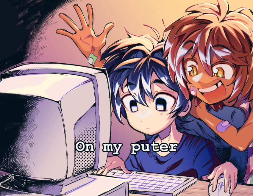 2boys, aged_down, antenna_hair, arm_up, bandaid, bandaid_on_arm, bandaid_on_cheek, bandaid_on_face
