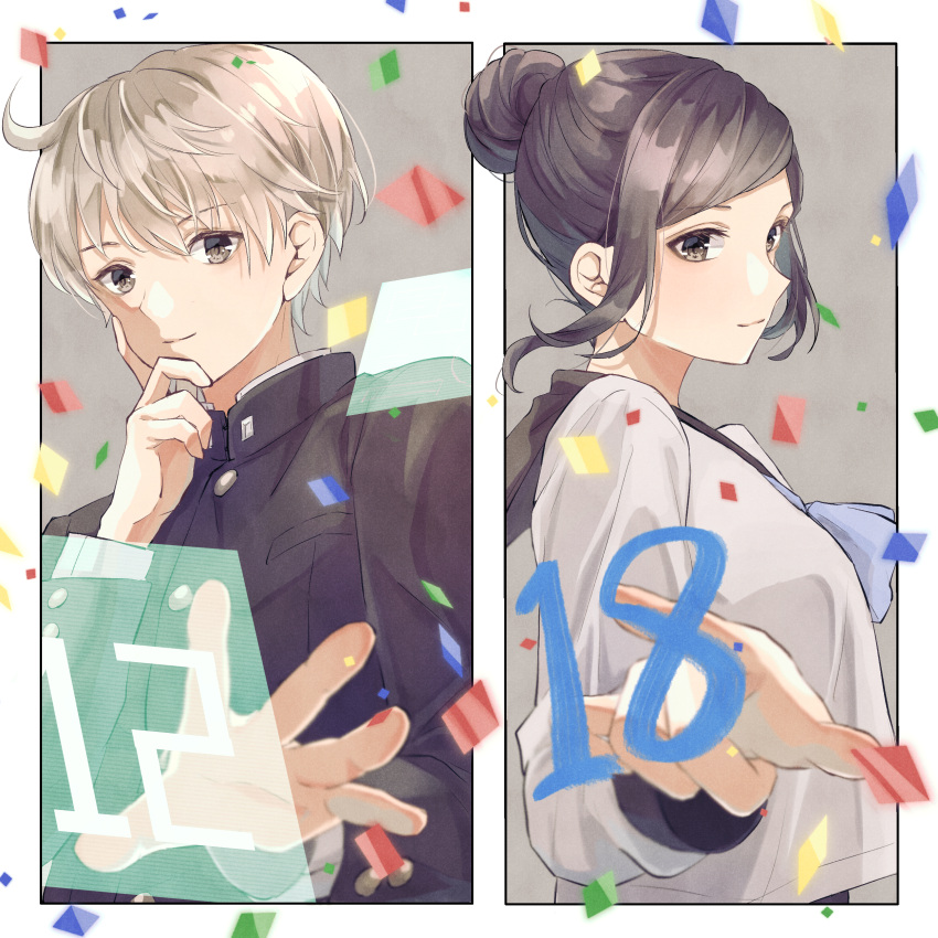 1boy, 1girl, absurdres, black_jacket, blue_neckerchief, brown_hair, gakuran, grey_serafuku