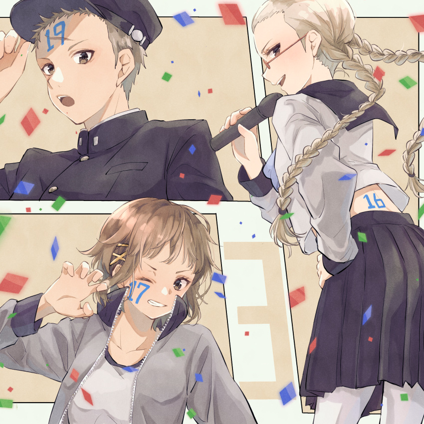 1boy, 2girls, absurdres, black_hat, black_sailor_collar, blonde_hair, braid, brown_hair