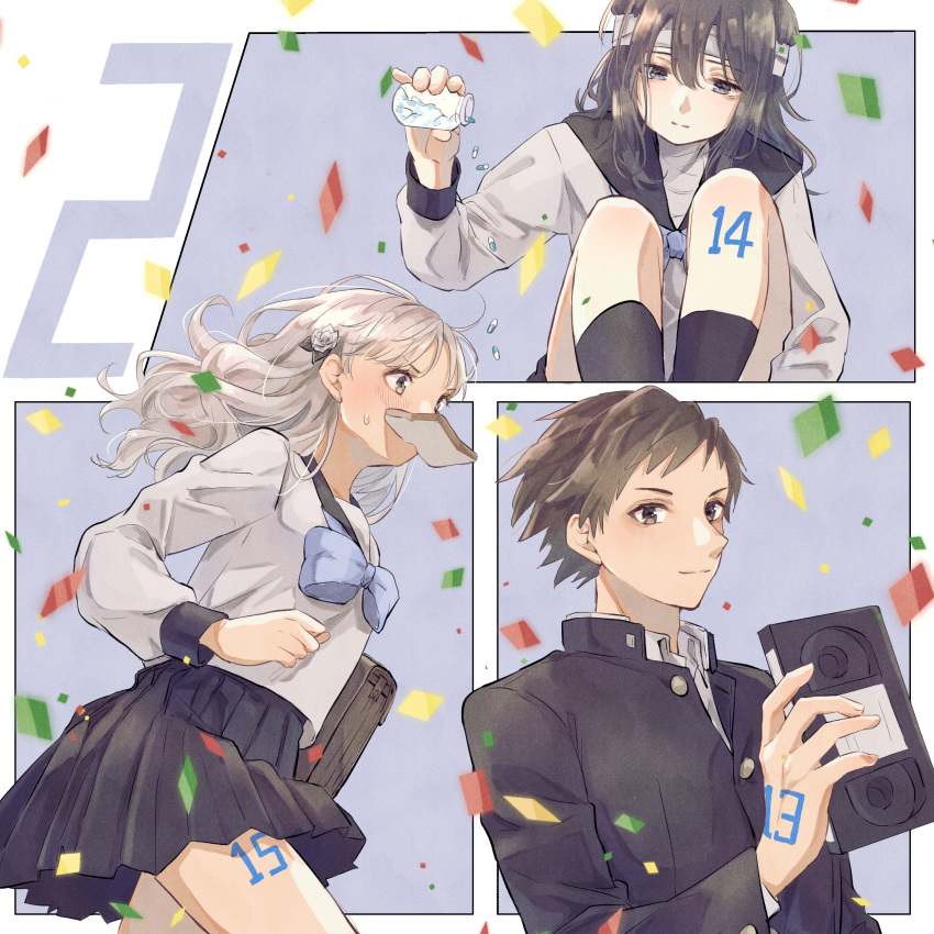 1boy, 2girls, absurdres, bag, bandaged_head, bandaged_neck, bandages, black_sailor_collar