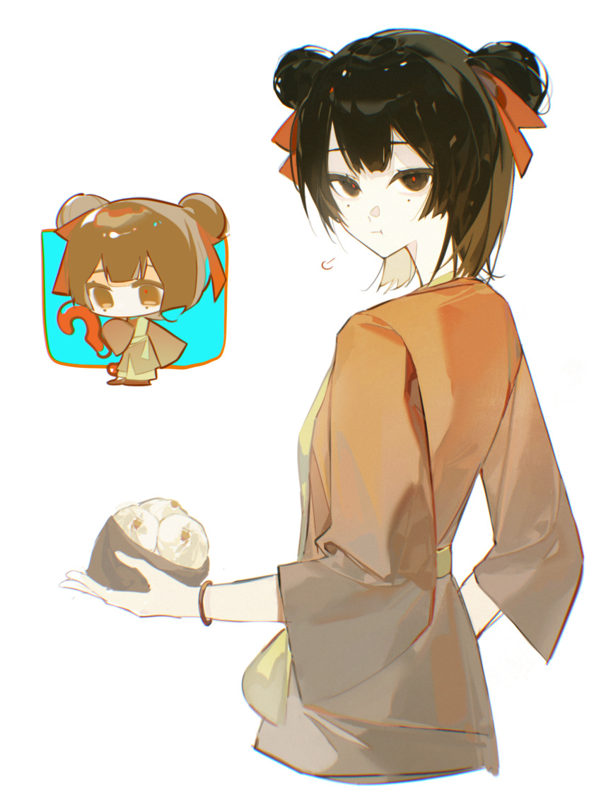 1girl, :t, ?, absurdres, alternate_costume, baozi, black_hair, bracelet