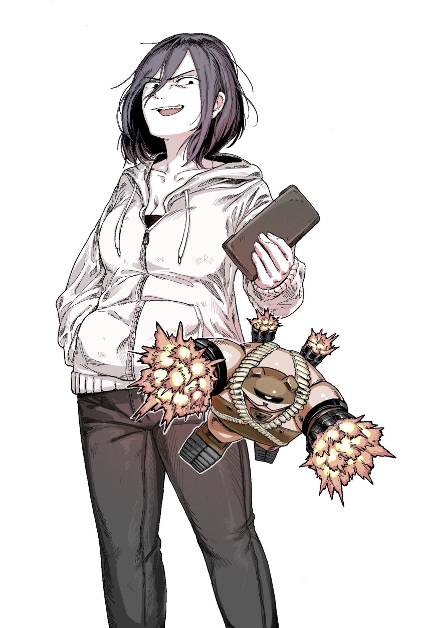 1girl, action_figure, black_eyes, black_hair, black_pants, bullet, caterpillar_tracks, chomahu