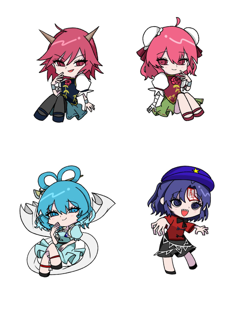 2dio9gwjal28761, 4girls, :d, ahoge, bandaged_arm, bandages, black_pantyhose, black_skirt