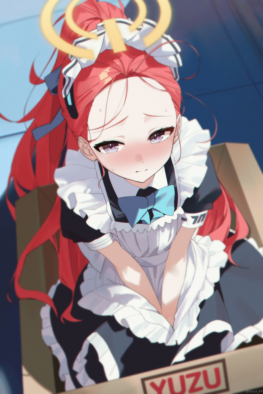 1girl, absurdres, apron, blue_archive, blue_ribbon, blurry, blush, box