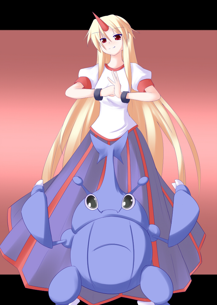 1girl, blonde_hair, bracelet, crossover, heracross, horn, horns, hoshiguma_yuugi