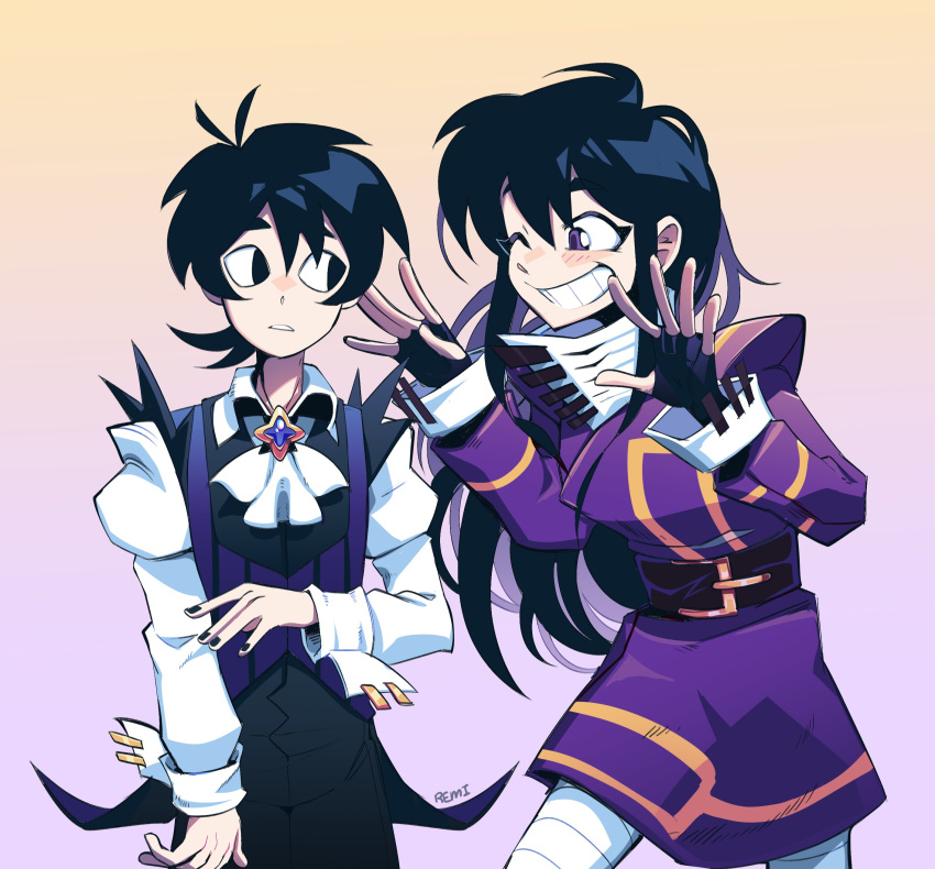 1boy, 1girl, \||/, absurdres, alternate_costume, antenna_hair, arm_at_side, artist_name