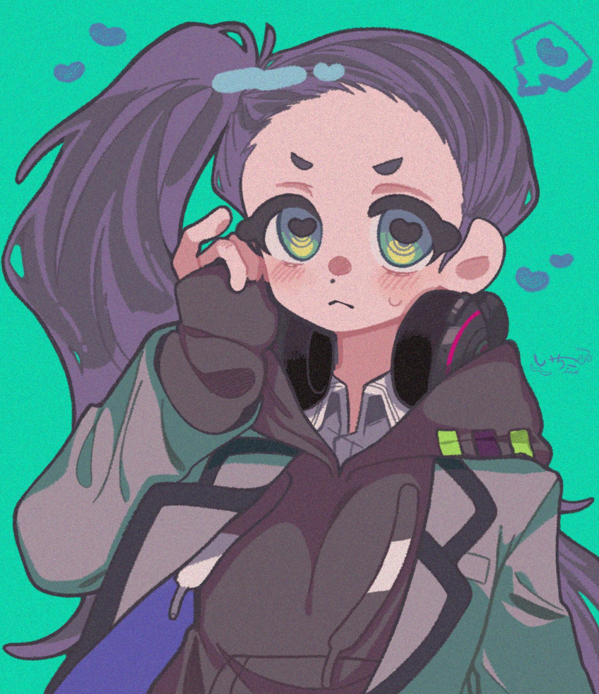 1girl, :<, alternate_hairstyle, berryice_1515, black_hoodie, blazer, film_grain, green_eyes, grey_jacket, hand_on_own_cheek, hand_on_own_face, haraga_kurumi, headphones, headphones_around_neck, heart, heart-shaped_pupils, highres, hood, hoodie, jacket, kimi_no_koto_ga_dai_dai_dai_dai_daisuki_na_100-nin_no_kanojo, light_blush, long_hair, open_clothes, open_jacket, pinching_sleeves, pinky_out, purple_hair, signature, sleeves_past_wrists, solo, spoken_heart, symbol-shaped_pupils, upper_body
