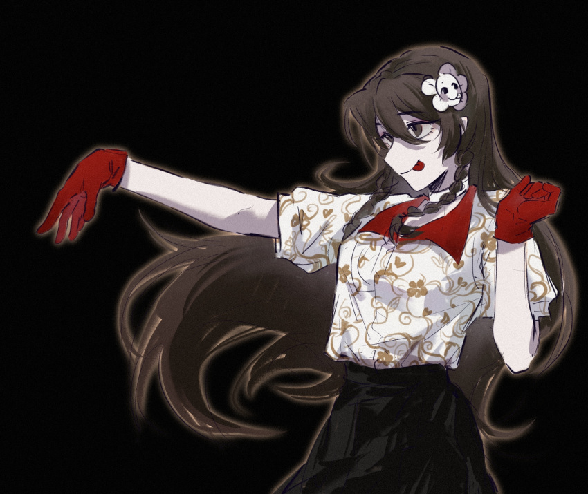 1girl, bai_(bai40554), black_background, black_skirt, brown_eyes, brown_hair, chinese_commentary, collared_shirt, commentary_request, cowboy_shot, floral_print, flower, gloves, hair_between_eyes, hair_flower, hair_ornament, highres, hua_jin, long_hair, outstretched_arm, print_shirt, puffy_short_sleeves, puffy_sleeves, red_gloves, shirt, short_sleeves, simple_background, skirt, smile, solo, tongue, tongue_out, touqi_guaitan, white_shirt