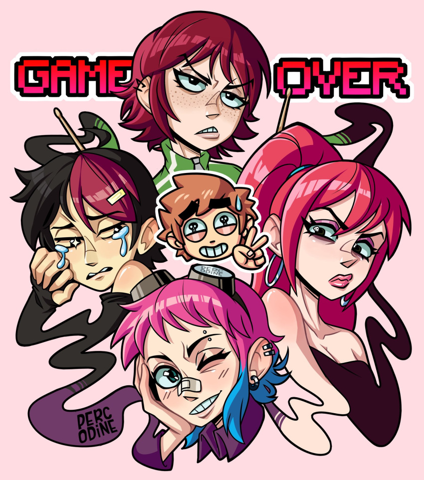 1boy, 4girls, annoyed, artist_logo, bandaid, bandaid_on_face, bandaid_on_nose, bare_shoulders
