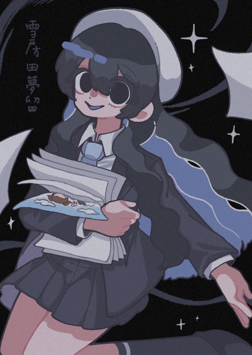 1girl, beret, berryice_1515, black_eyes, black_hair, black_jacket, black_skirt, blazer