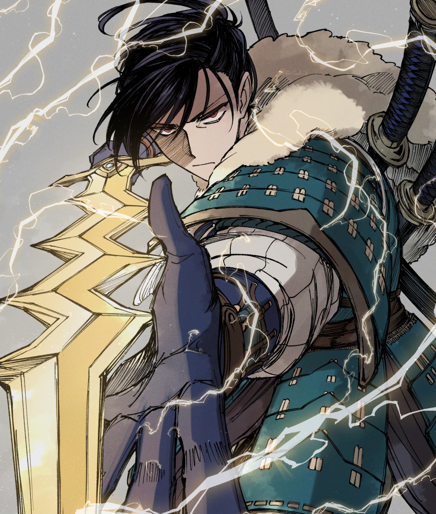 1boy, armor, black_hair, blue_armor, closed_mouth, commentary, cowboy_shot, electricity