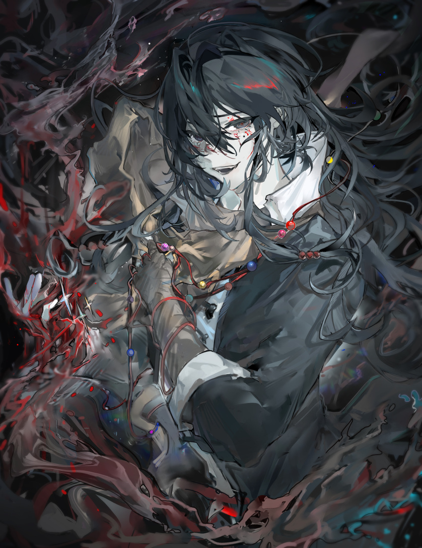 1boy, absurdres, black_eyes, black_hair, black_jacket, blood, brown_scarf, chinese_commentary