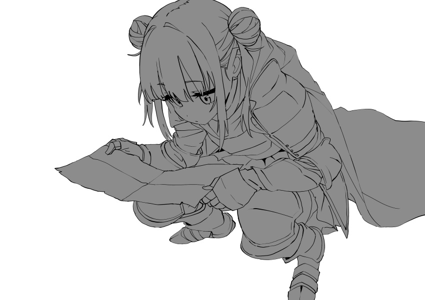 1girl, absurdres, armor, boots, cape, double_bun, gauntlets, hair_bun