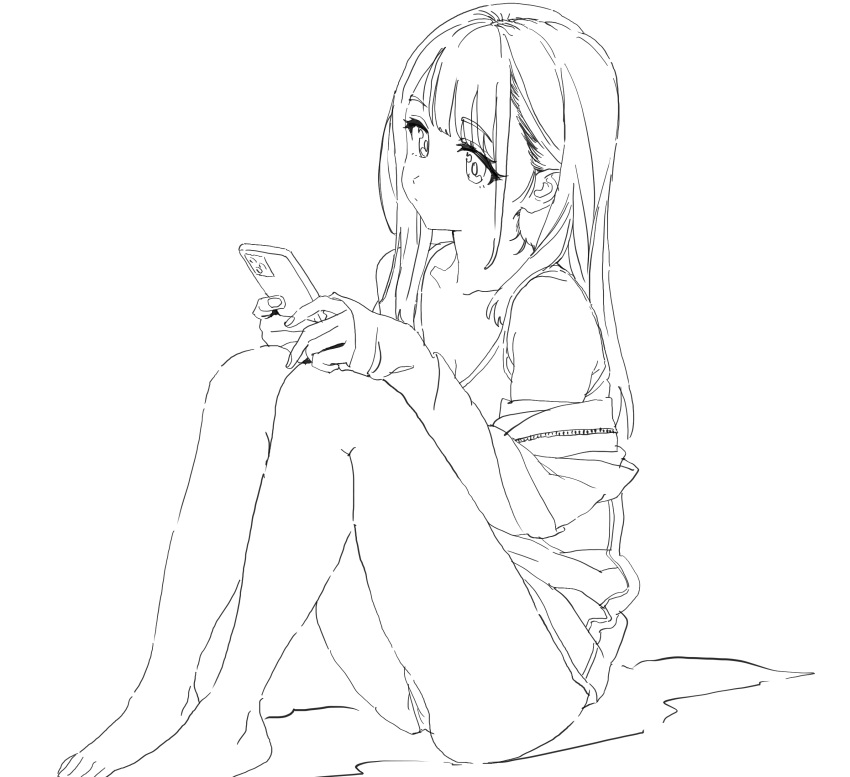 1girl, absurdres, bare_legs, bare_shoulders, barefoot, cellphone, closed_mouth, collarbone