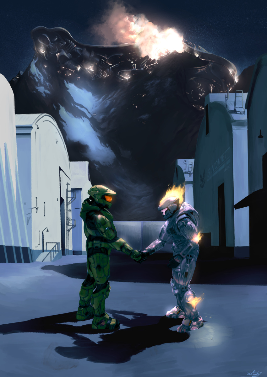 2boys, absurdres, album_cover, album_cover_redraw, armor, artist_logo, artist_name, assault_visor