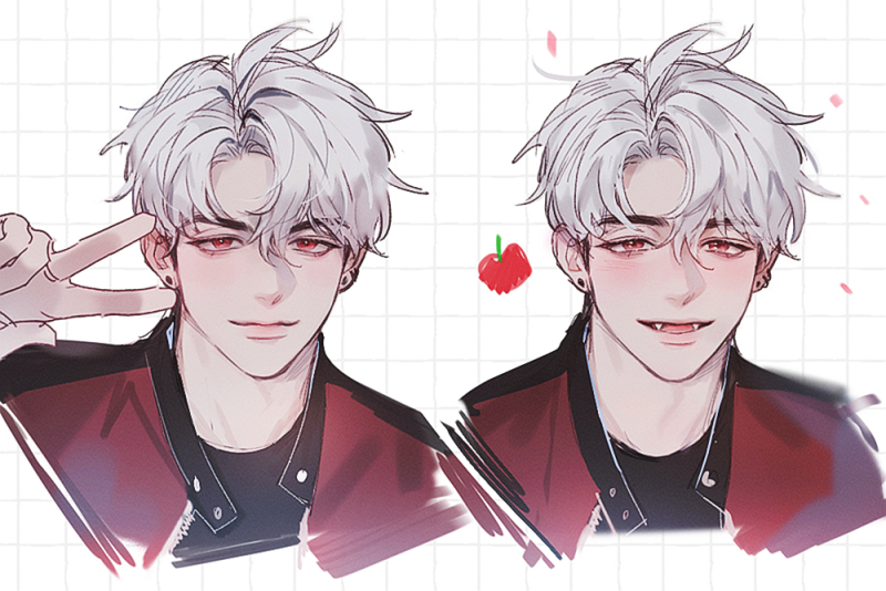 1boy, apple, arm_out_of_frame, black_shirt, black_trim, blush, closed_mouth, ear_piercing